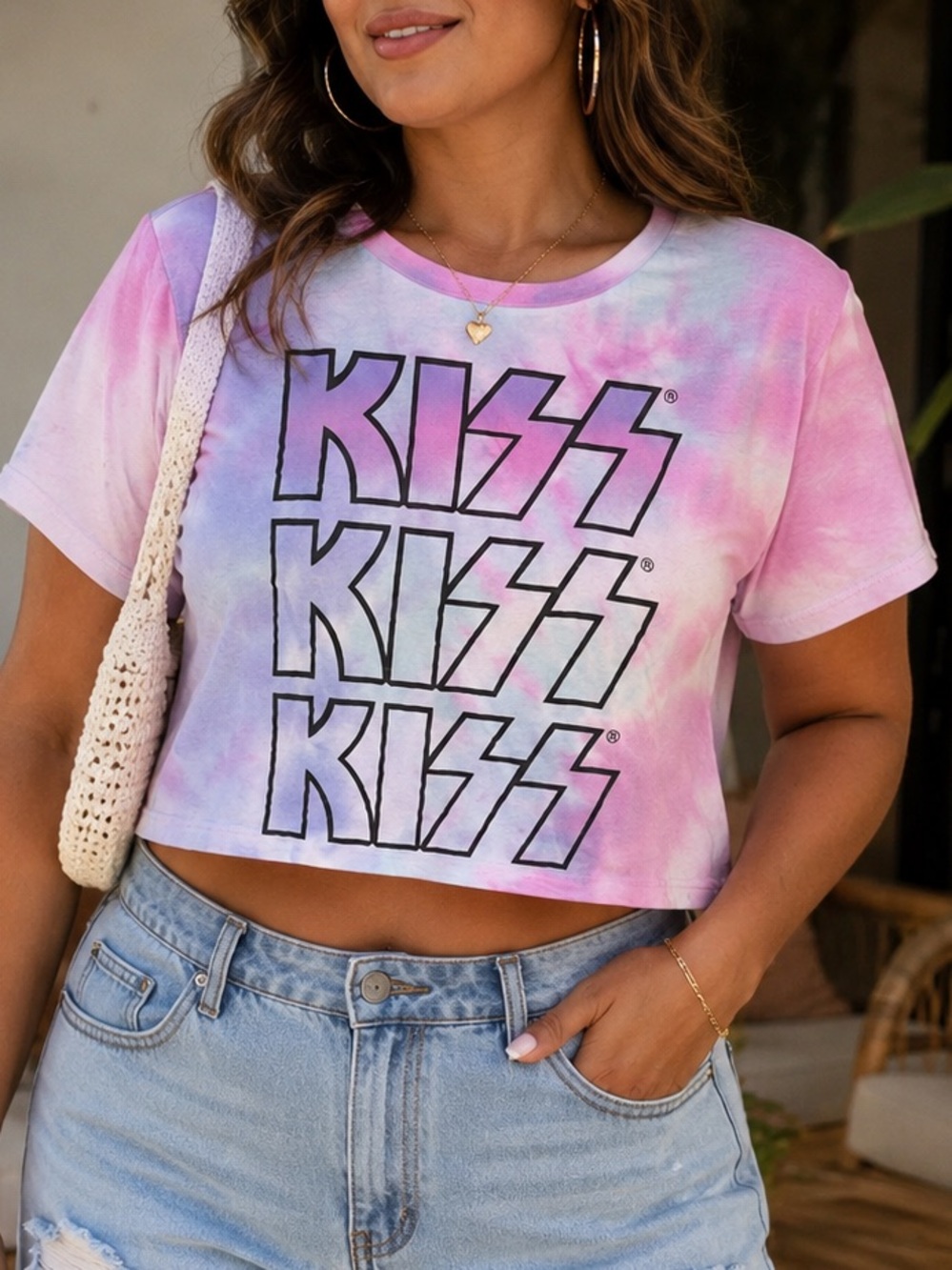KISS - Purple Tie-Dye Graphic Crop Top | Size XL
